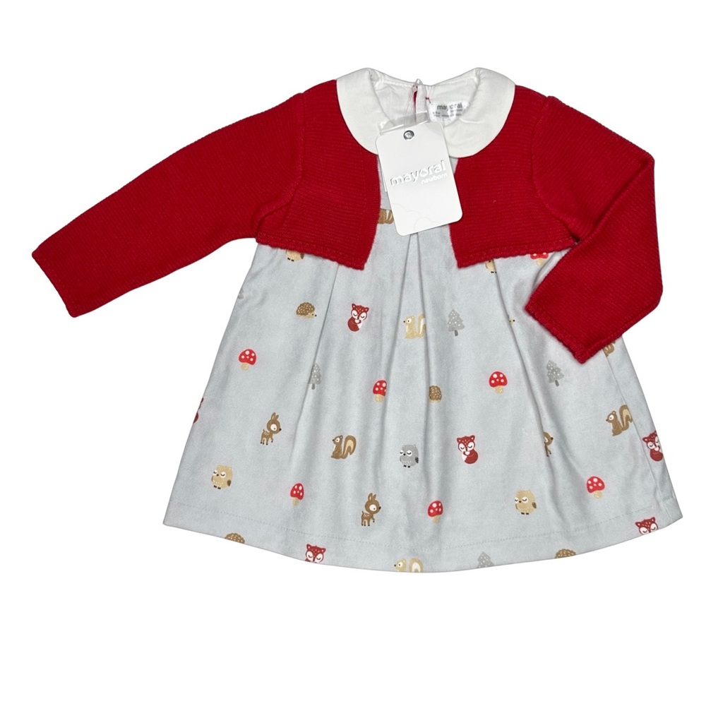 Mayoral Woodland Animals Peter Pan Collar Dress With Cardigan